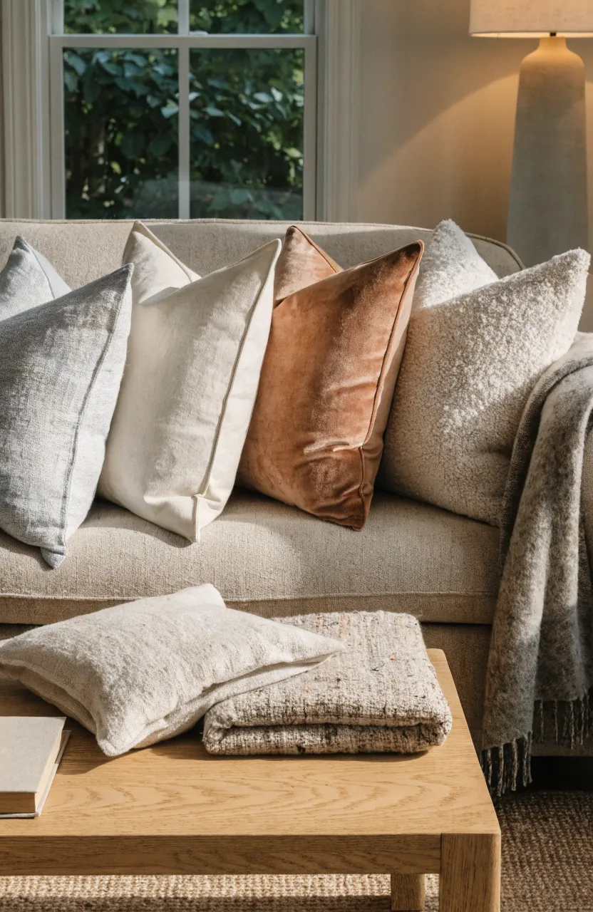 Different fabric weights for seasonal pillow covers on a sofa