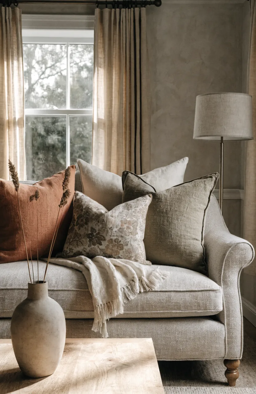 Seasonal pillow covers chosen in a subtle color palette