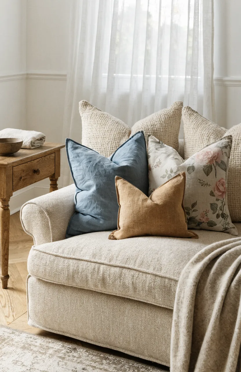 Everyday neutral pillow anchor with seasonal covers on a sofa