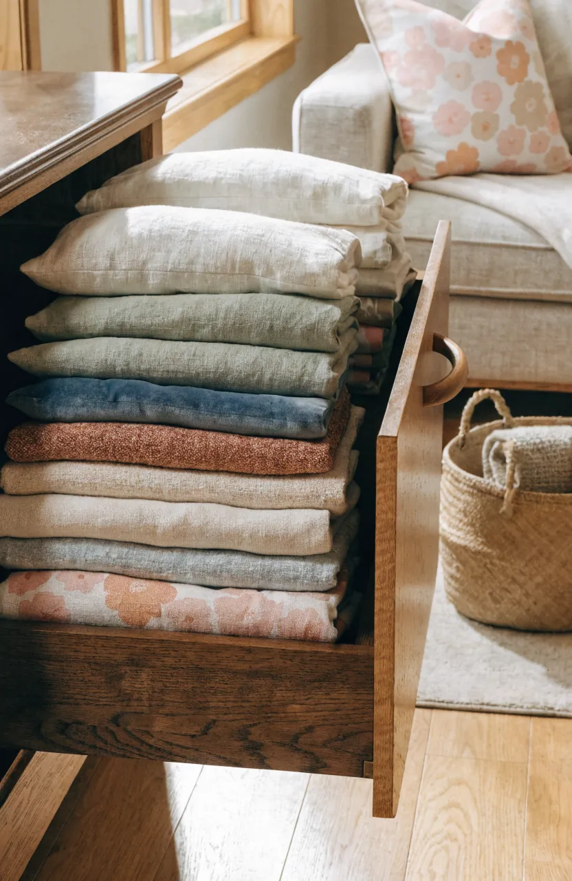 Seasonal pillow covers folded flat in a drawer for easy storage