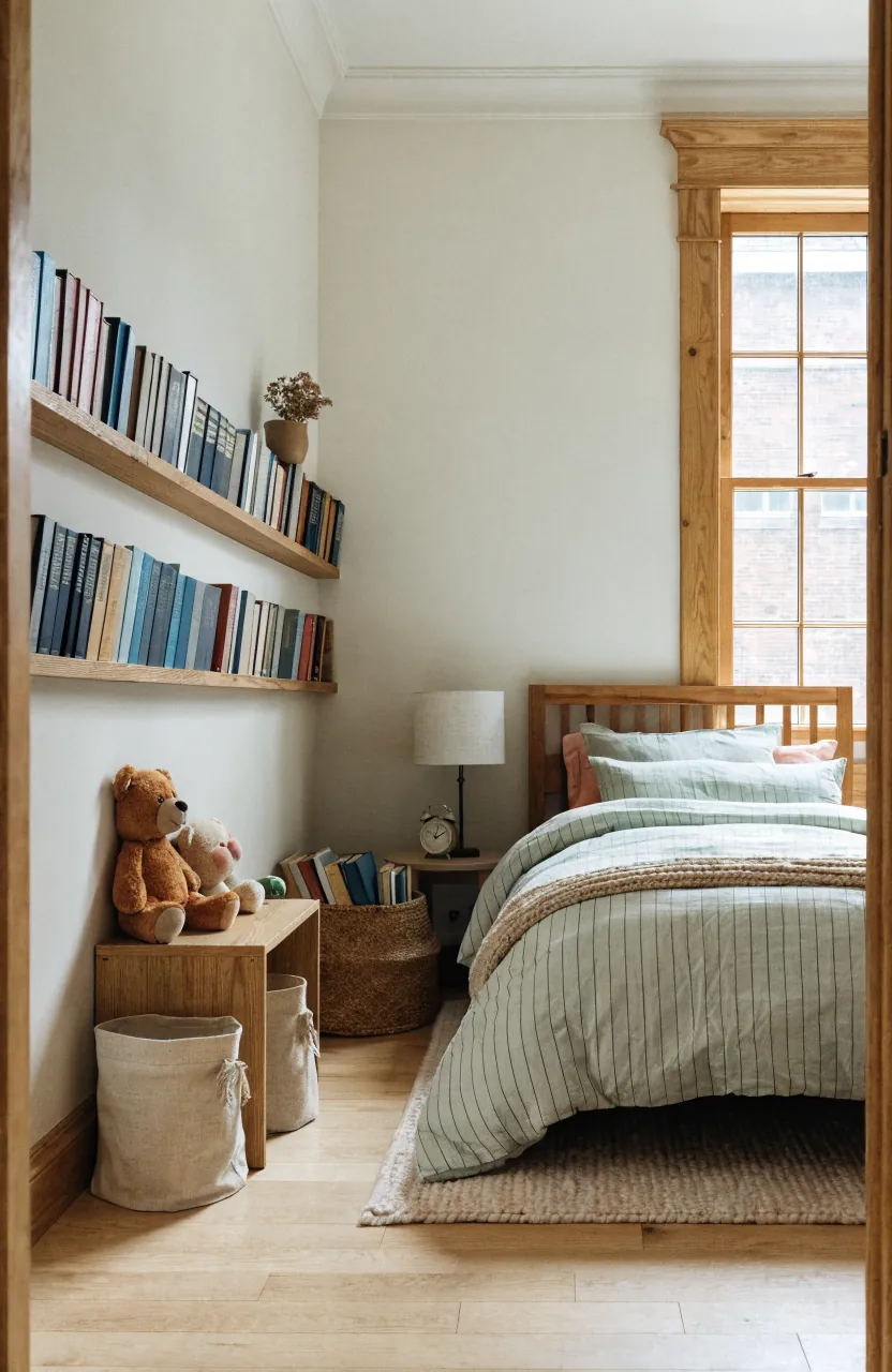 Small kids bedroom with book storage, toy bins, wall shelves, and clear floor space