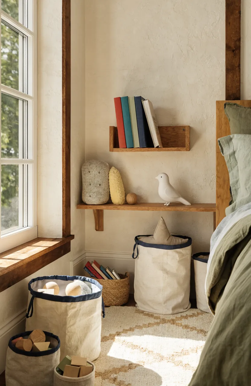 Small kids bedroom with low book and toy storage plus wall shelves