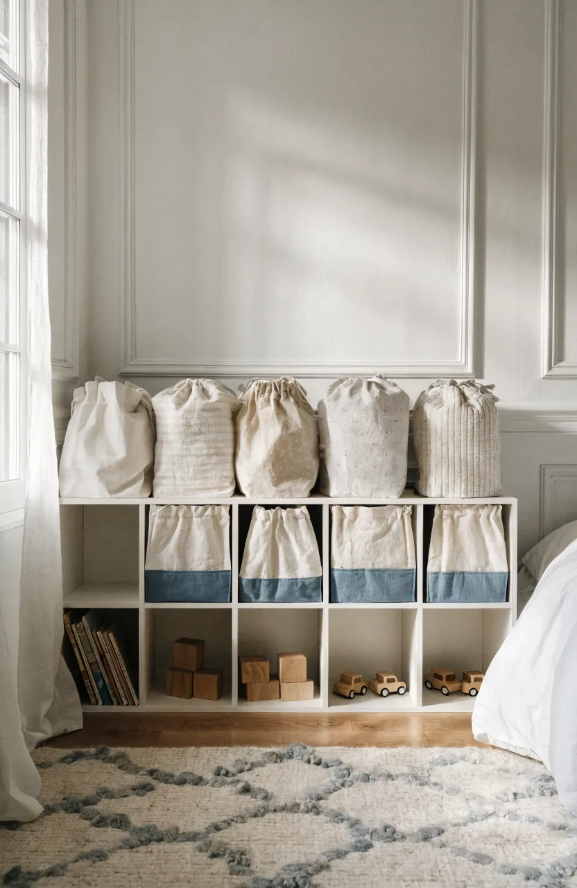 Low cube shelf for books and toy storage in a small kids bedroom