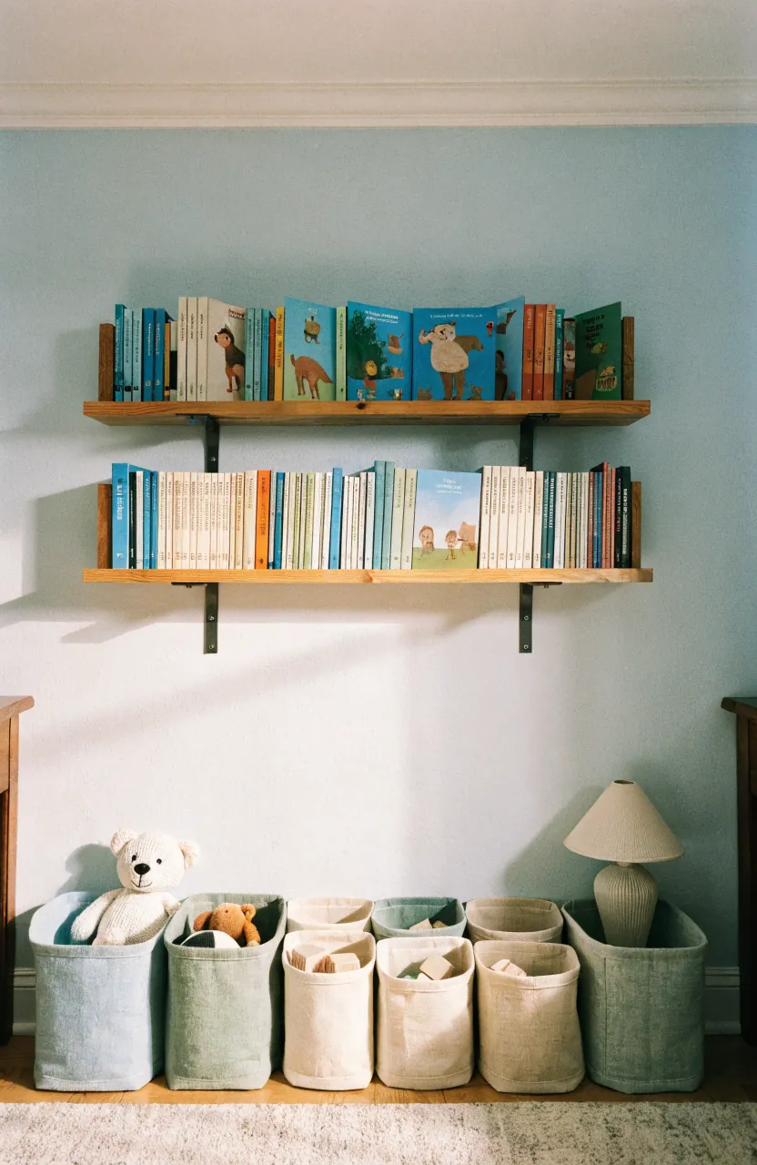 Wall book ledges above toy storage bins in a small kids bedroom