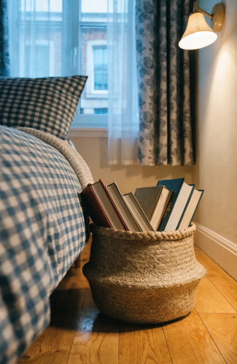 Bedside book basket storage in a small kids bedroom