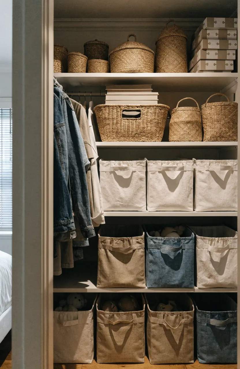 Closet shelves with book storage and toy storage bins for a small kids bedroom
