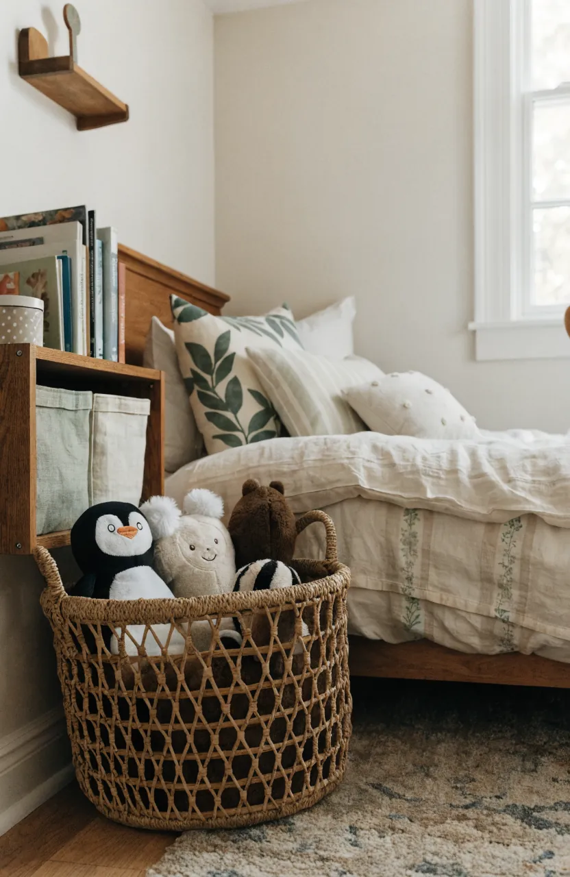Stuffed animal basket with books and toy storage in a small kids bedroom corner