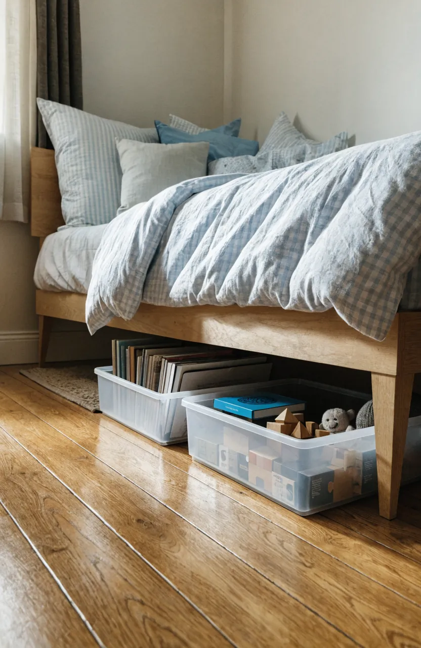 Under bed storage bins for toys and extra books in a small kids bedroom