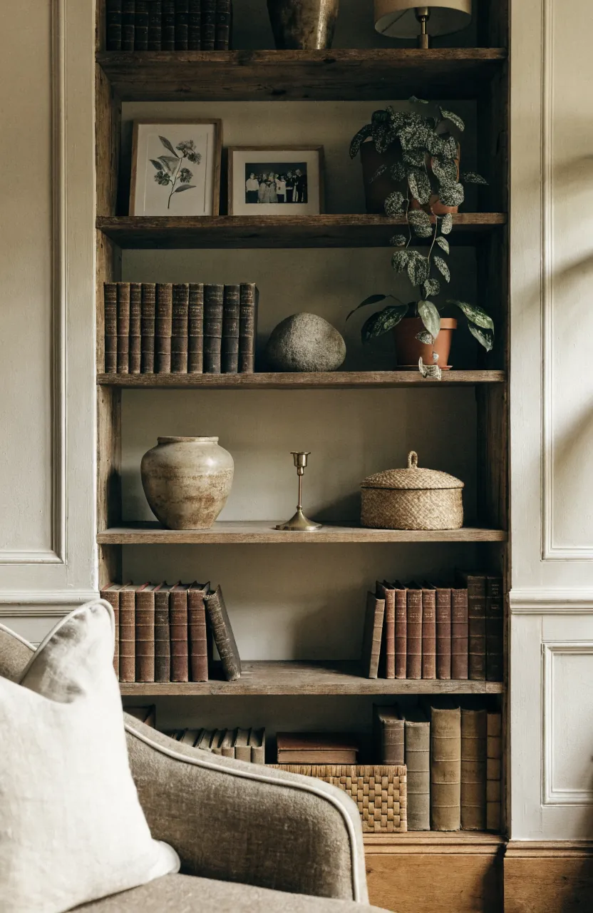 Edited vintage shelf styling with books, art, ceramics, and open space