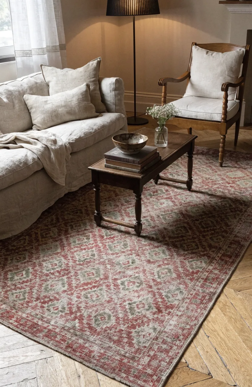 Vintage living room with a large faded rug grounding a collected seating area