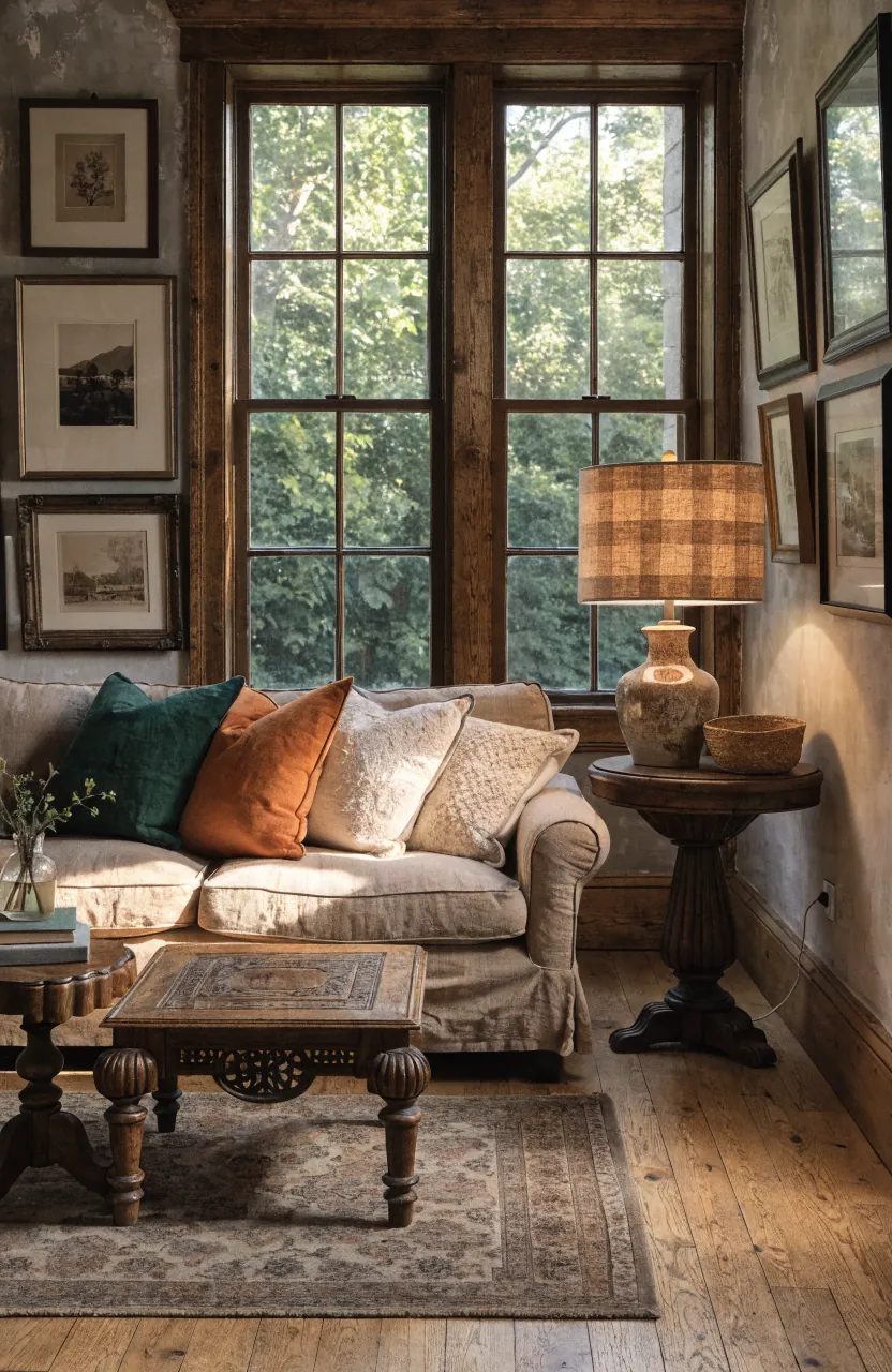 Collected vintage living room with layered rug, aged wood, framed art, and cozy seating