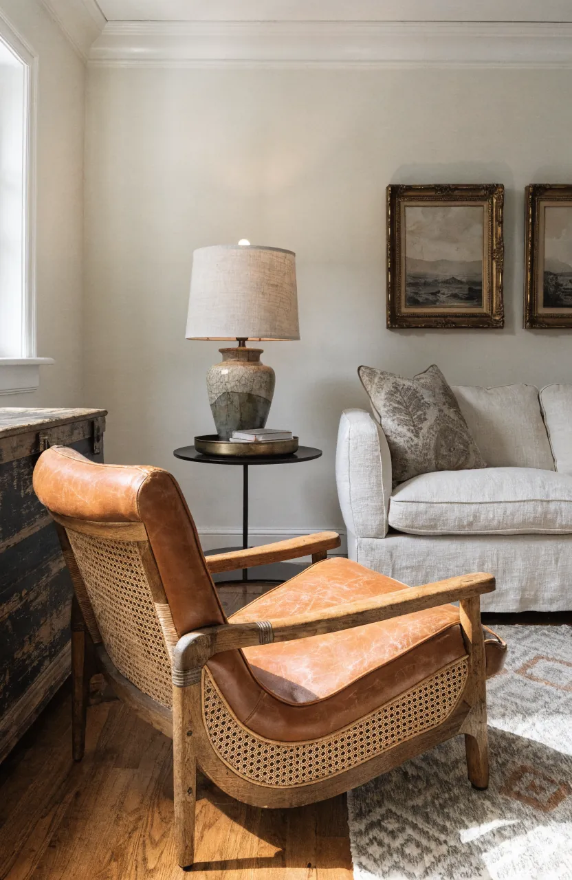 Modern sofa mixed with vintage chair and thrifted decor in a collected living room