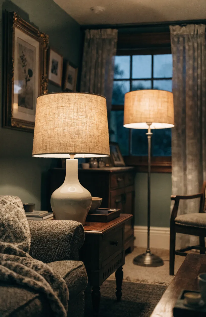 Cozy vintage living room corner lit by layered table and floor lamps