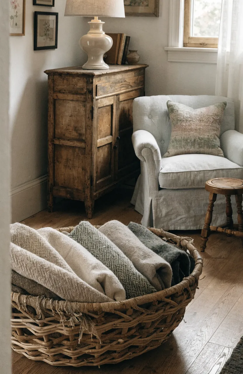 Collected living room corner with woven basket, old wood, and soft textiles