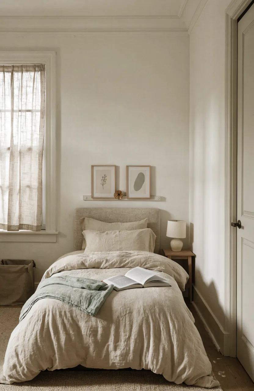 Small kids room with soft colors, simple bedding, and calm uncluttered decor