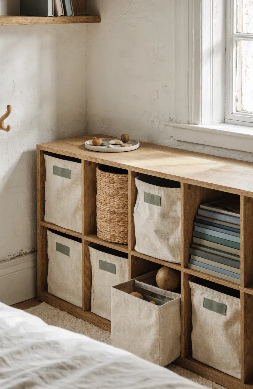 Quiet toy storage with labeled bins and a few open shelves in a small kids room