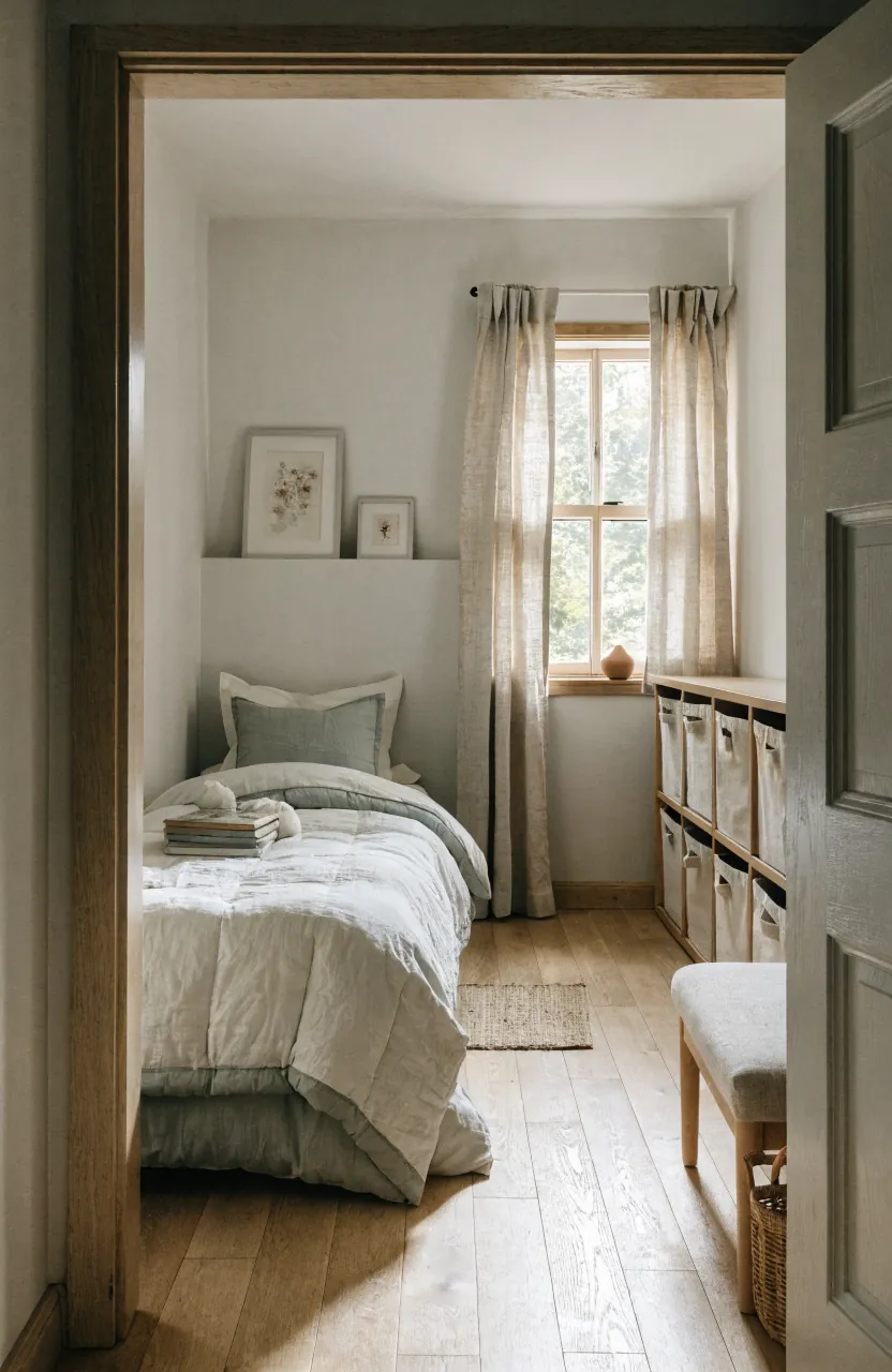 Small kids room with calm decor, soft colors, and quiet toy storage