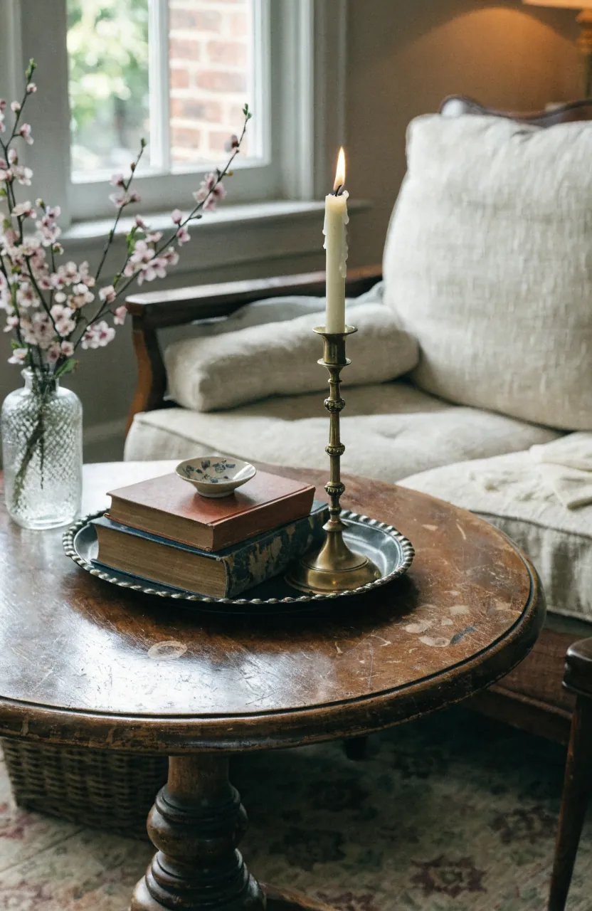 Worn wood coffee table styled with books, tray, ceramics, and negative space