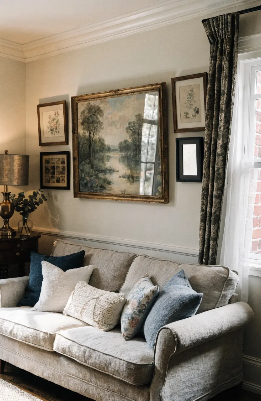 Vintage living room gallery wall with thrifted art and repeated colors