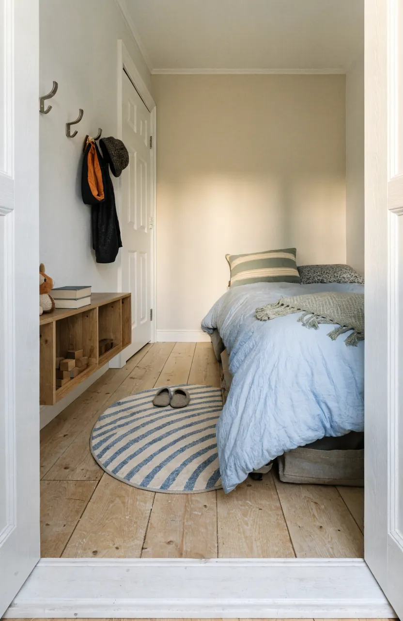 Small kids bedroom layout with open floor space and wall storage