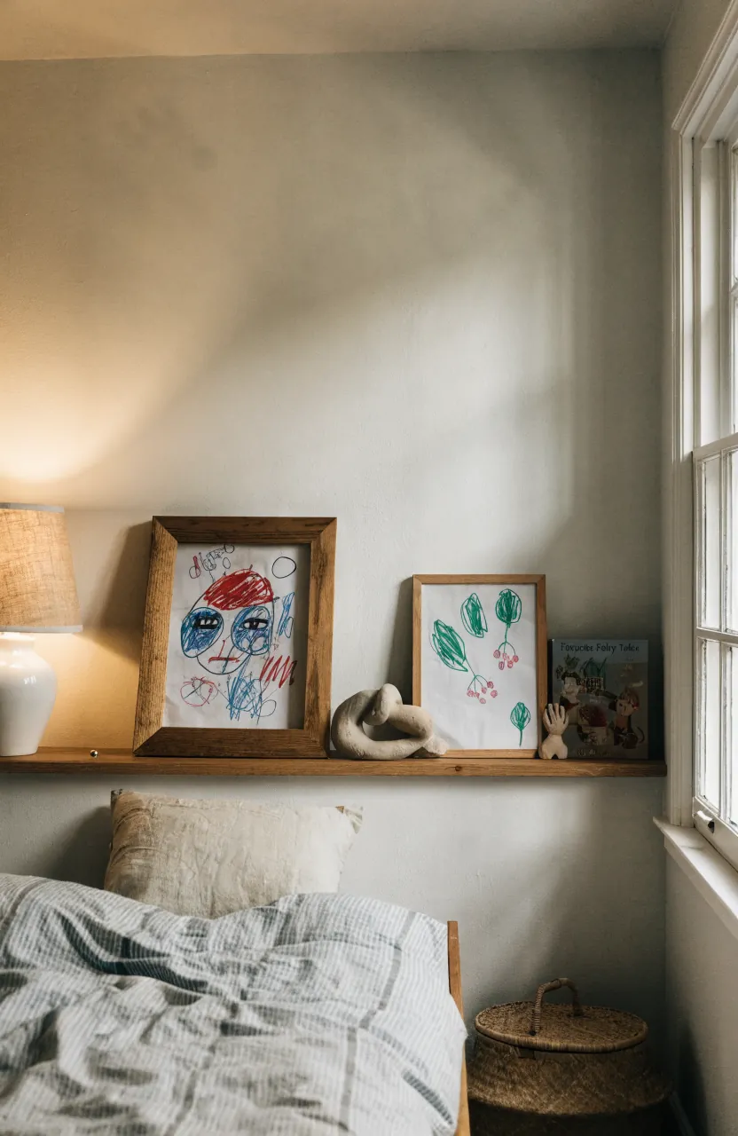 Small kids bedroom with one simple display shelf for personality and art