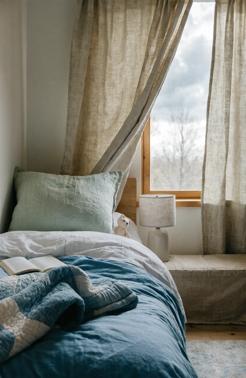 Small kids room styling with soft color bedding, curtains, and natural textures