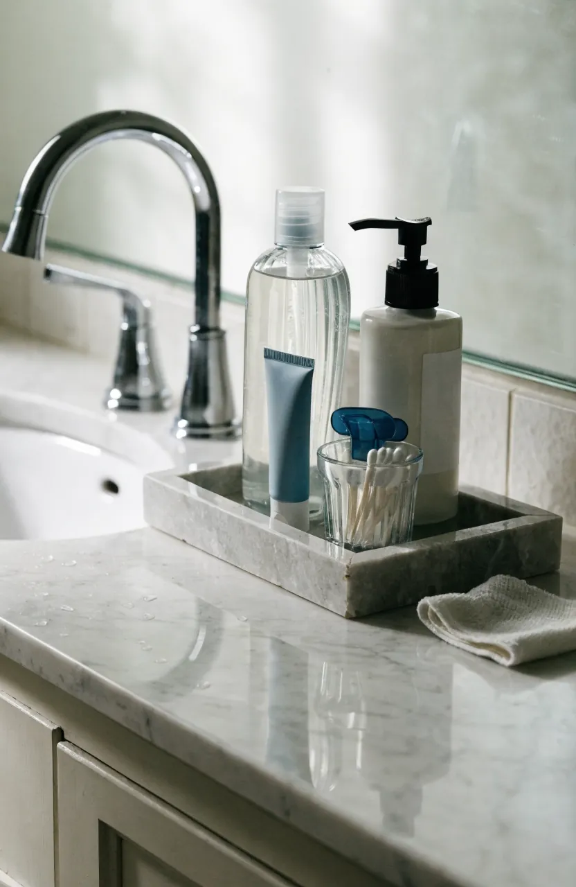 Bathroom vanity tray holding only daily essentials on a clean counter