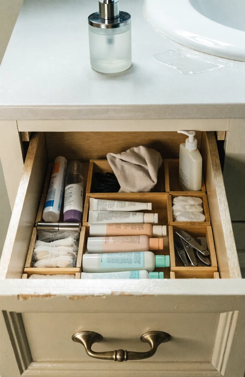Bathroom vanity drawer dividers organizing small daily items