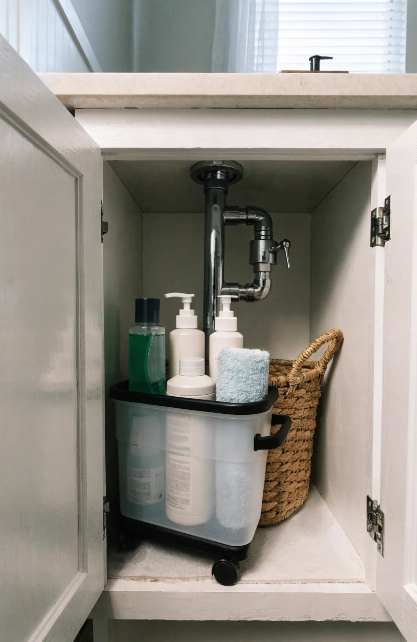 Under sink bathroom storage caddy keeping backup bottles off the vanity