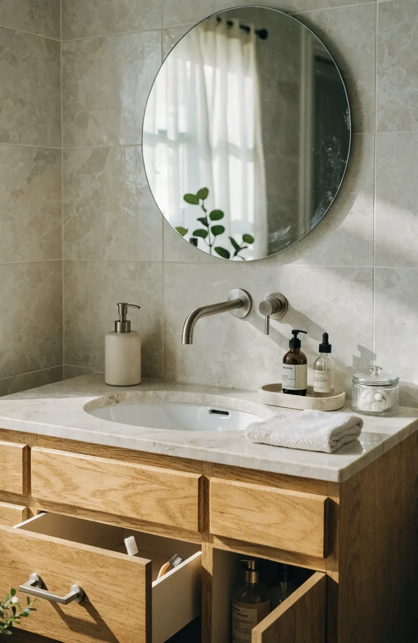 Clutter free bathroom vanity with a simple tray and clean counter space
