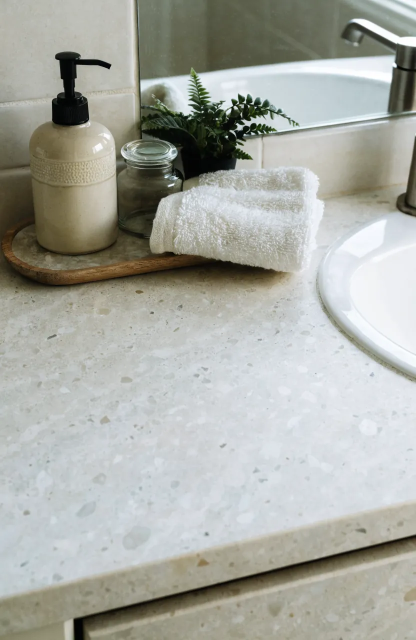Calm bathroom counter decor with one small tray and plenty of empty space