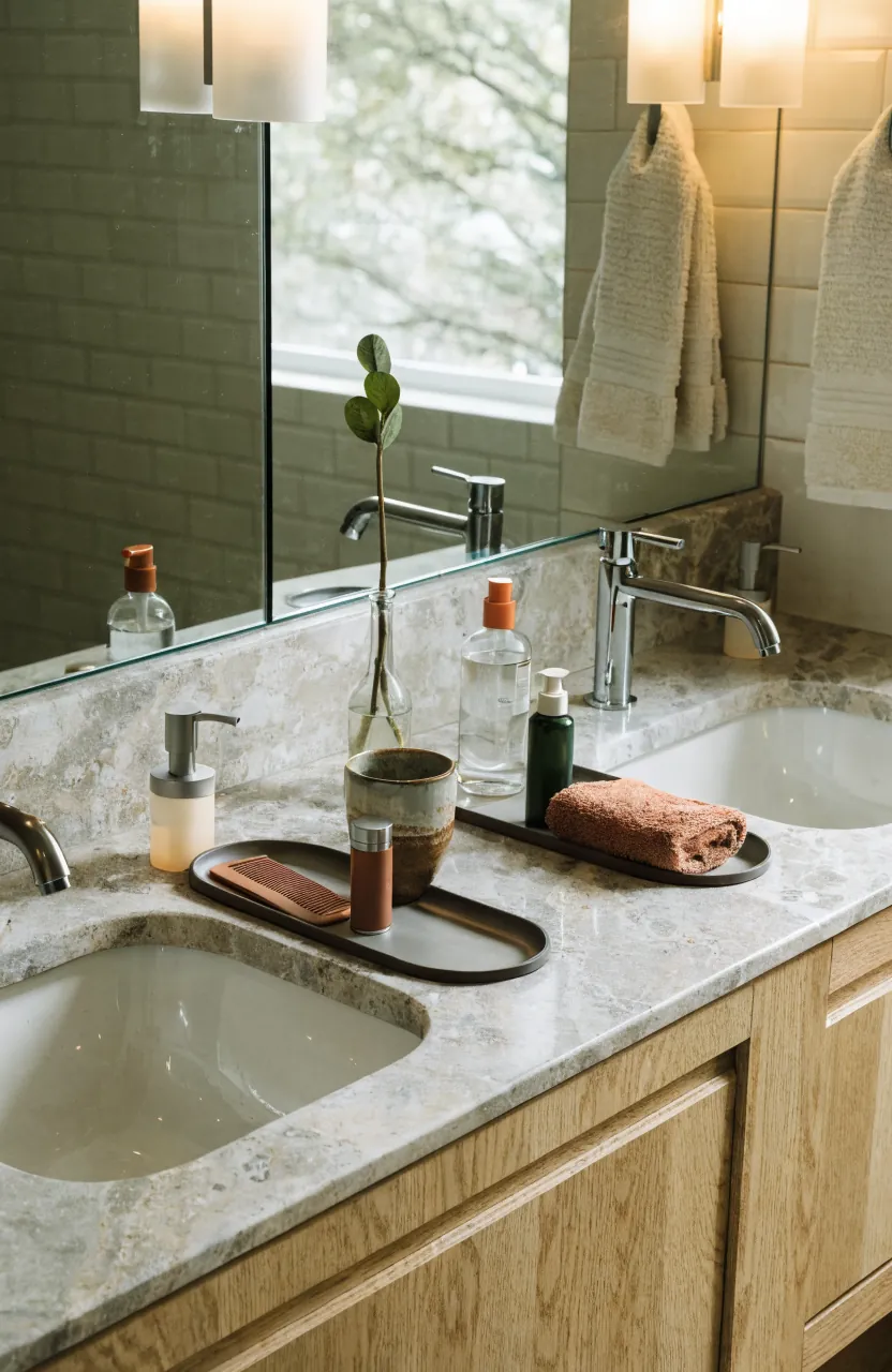 Double bathroom vanity with separate trays and calm counter zones