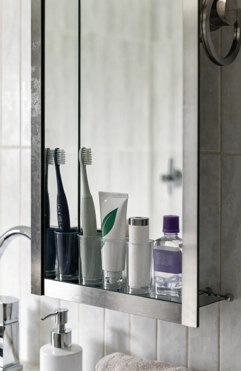 Mirrored medicine cabinet storing toothbrushes and dental items above a clear vanity