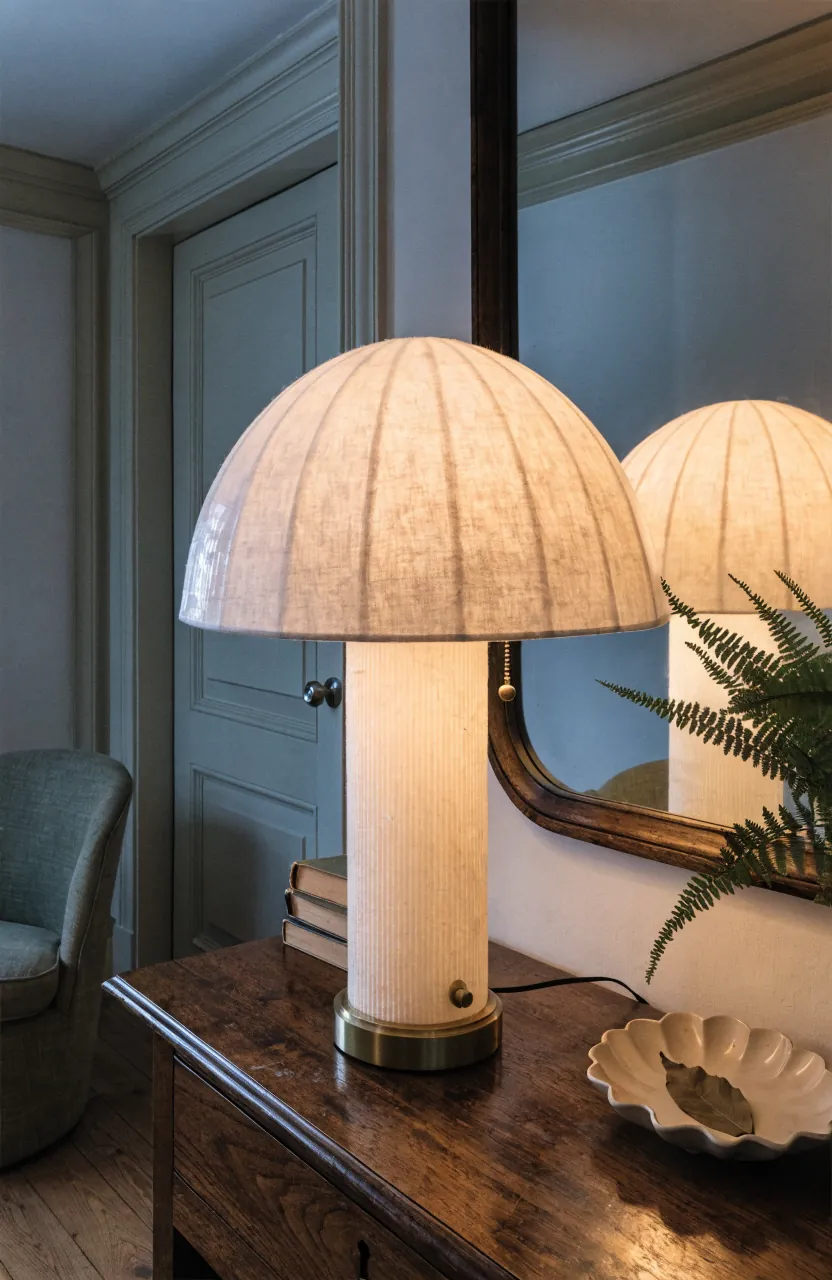 Retro mushroom lamp adding nostalgic warmth to an edited home corner