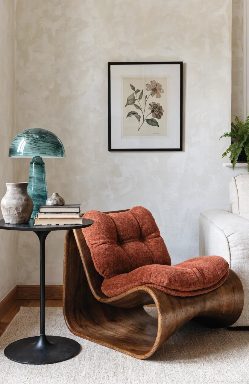 Retro chair used as one intentional accent in a fresh living room