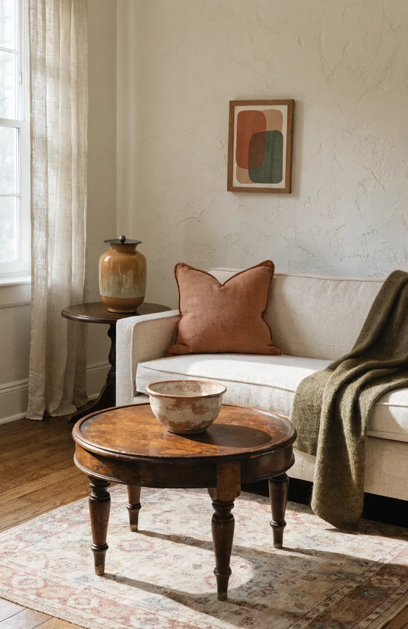 Retro color palette balanced with cream walls, wood, and simple textiles