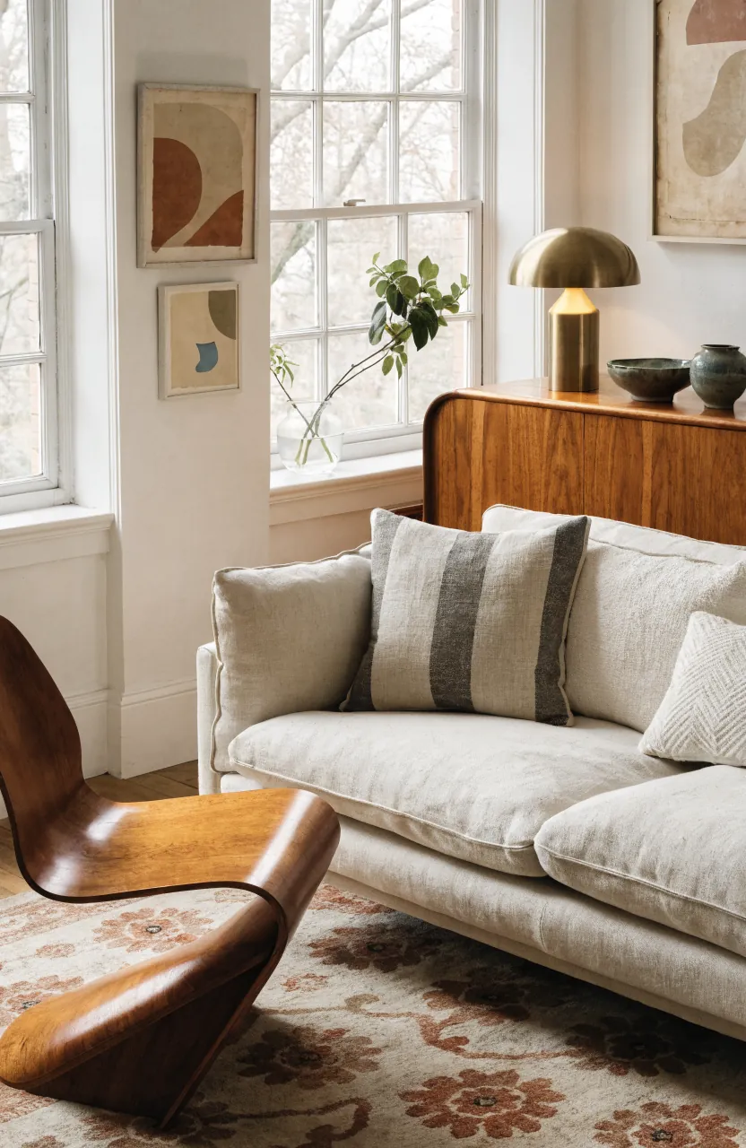 Fresh living room with retro decor, warm wood, vintage lighting, and edited nostalgic accents