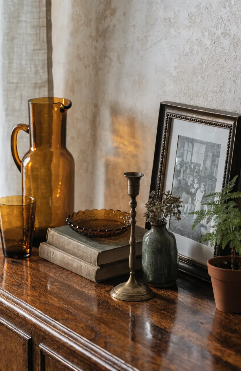 Edited nostalgic accessories grouped on a sideboard with open space