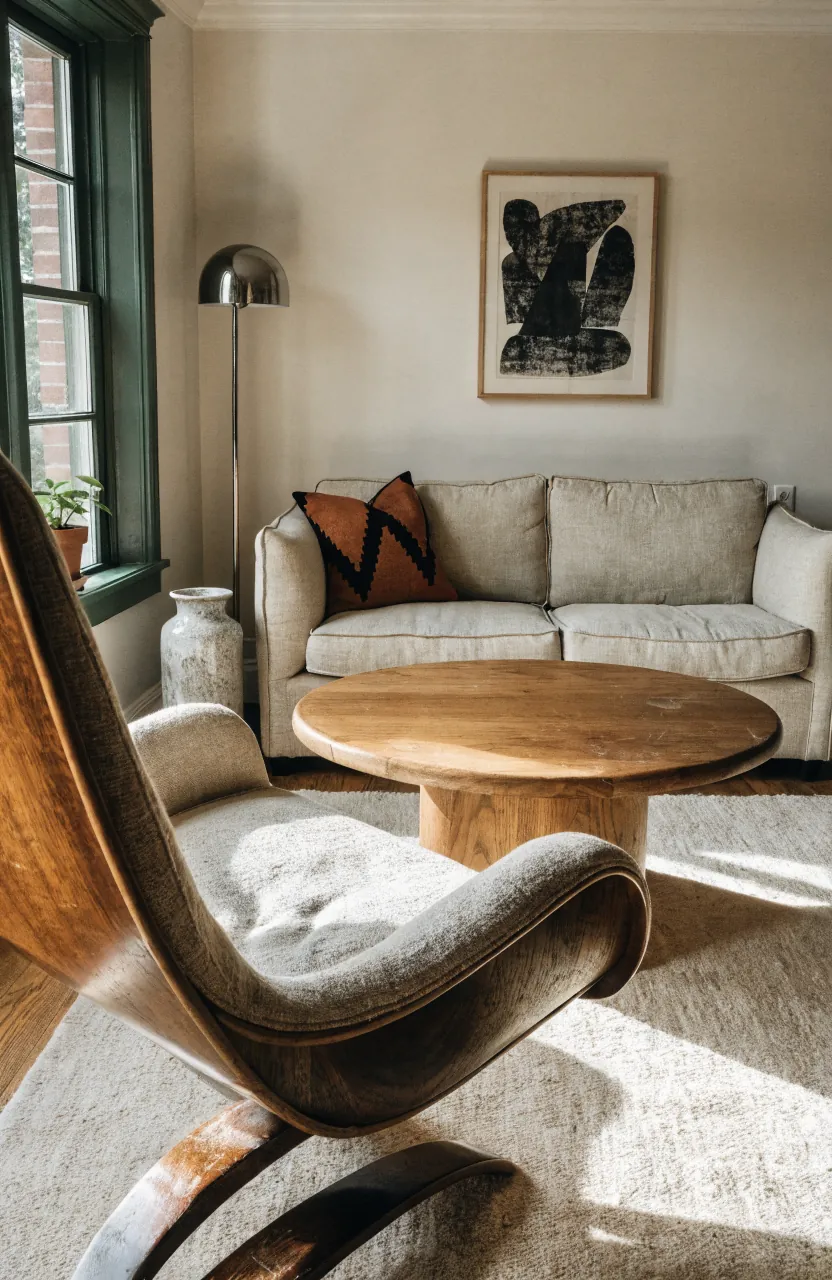 Curved retro chair mixed with clean modern lines in a living room