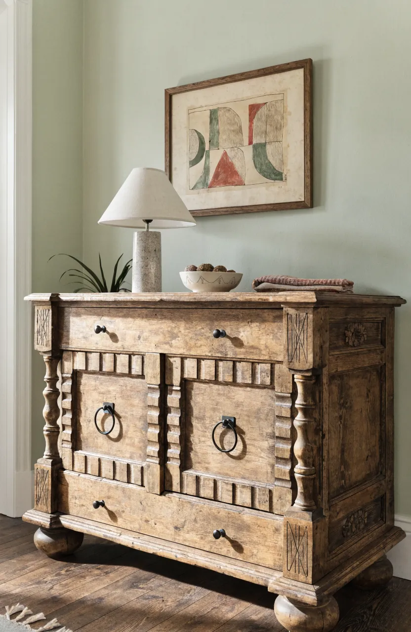 Updated thrifted cabinet styled with clean hardware, art, and warm decor