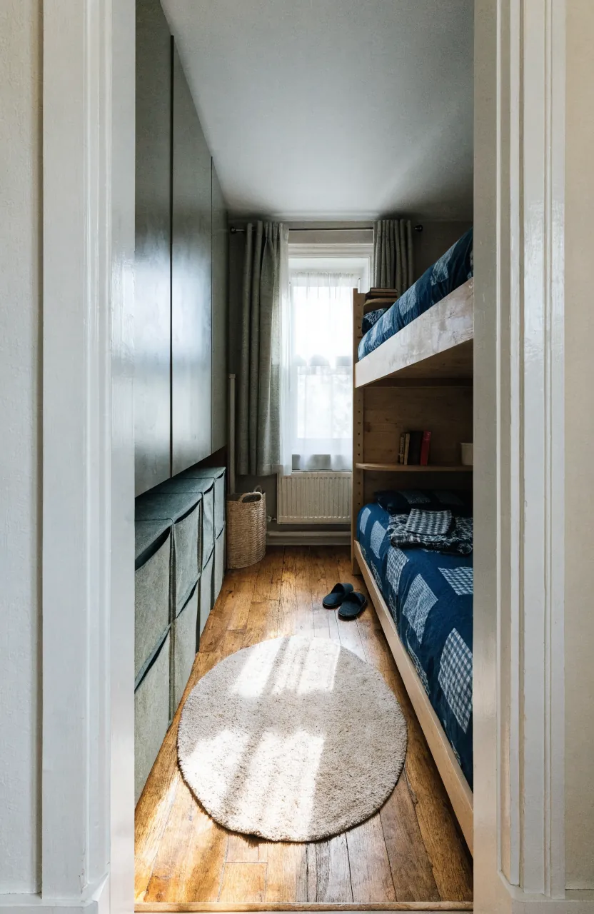 Small kids room layout with bunk bed, clear walking path, and storage wall
