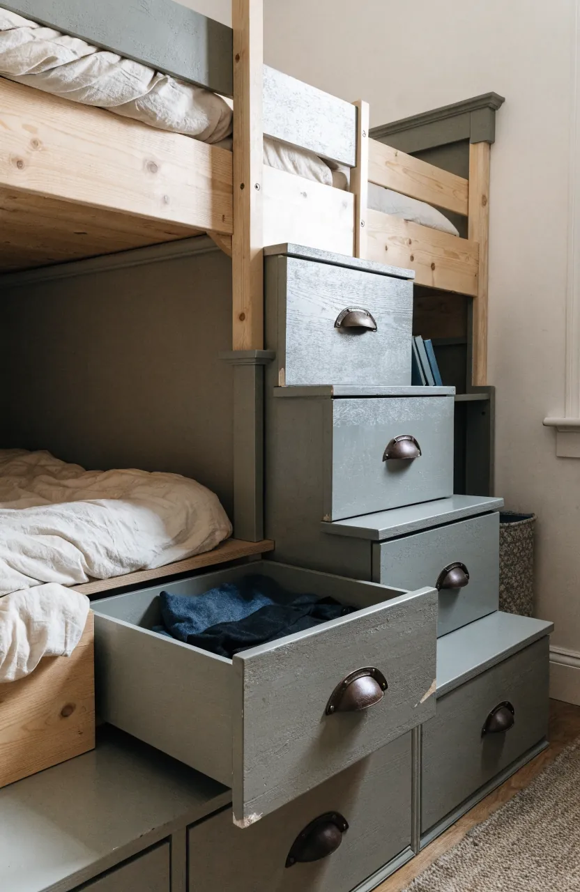 Bunk bed storage with stair drawers in a small shared kids bedroom