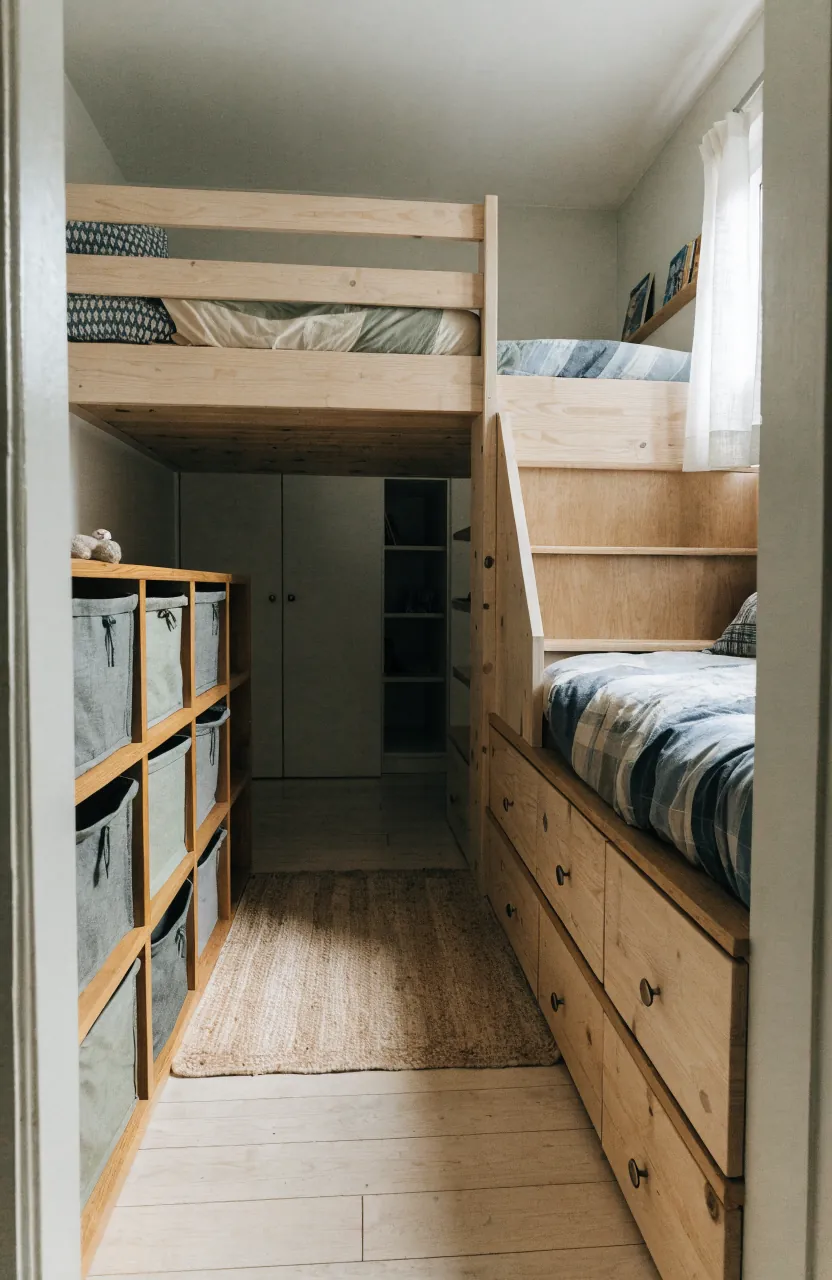 Small kids room with bunk beds, integrated storage, and open floor space