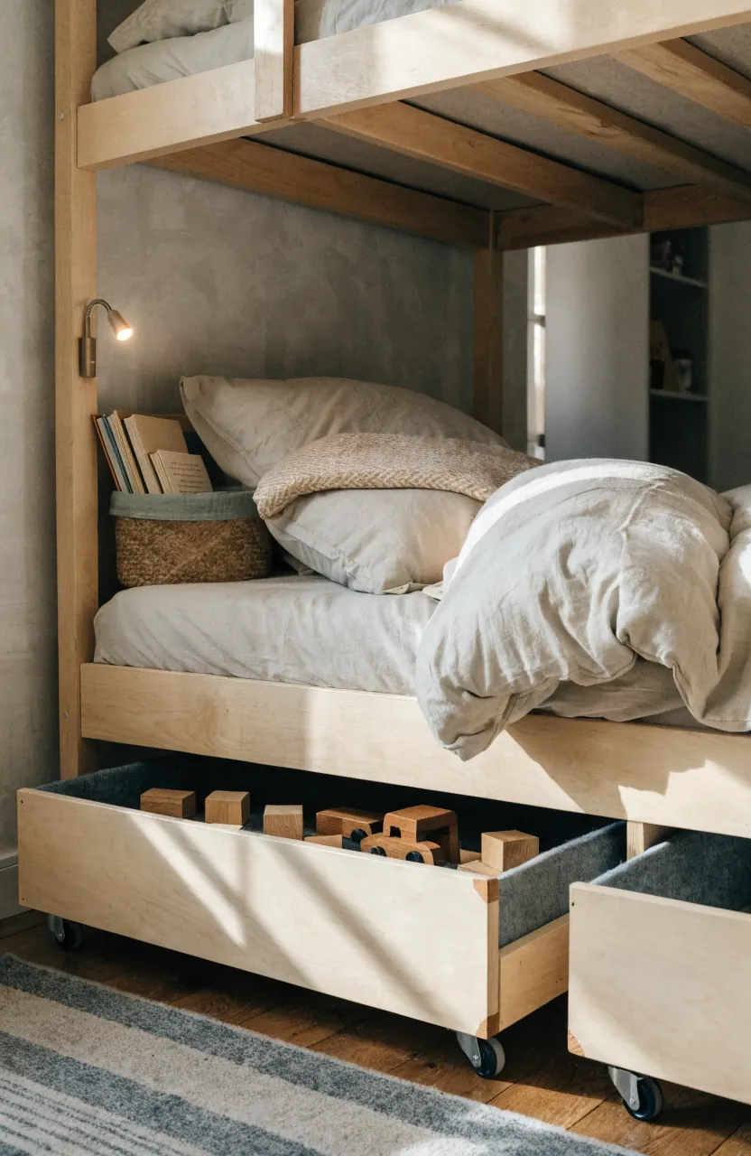 Under bunk toy storage with shallow bins and quiet bedtime basket