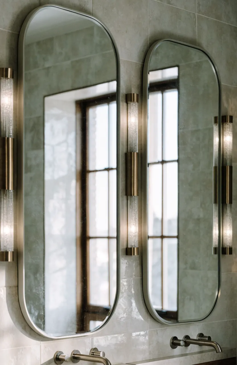 Double vanity mirrors with soft sconces for a calm bathroom wall