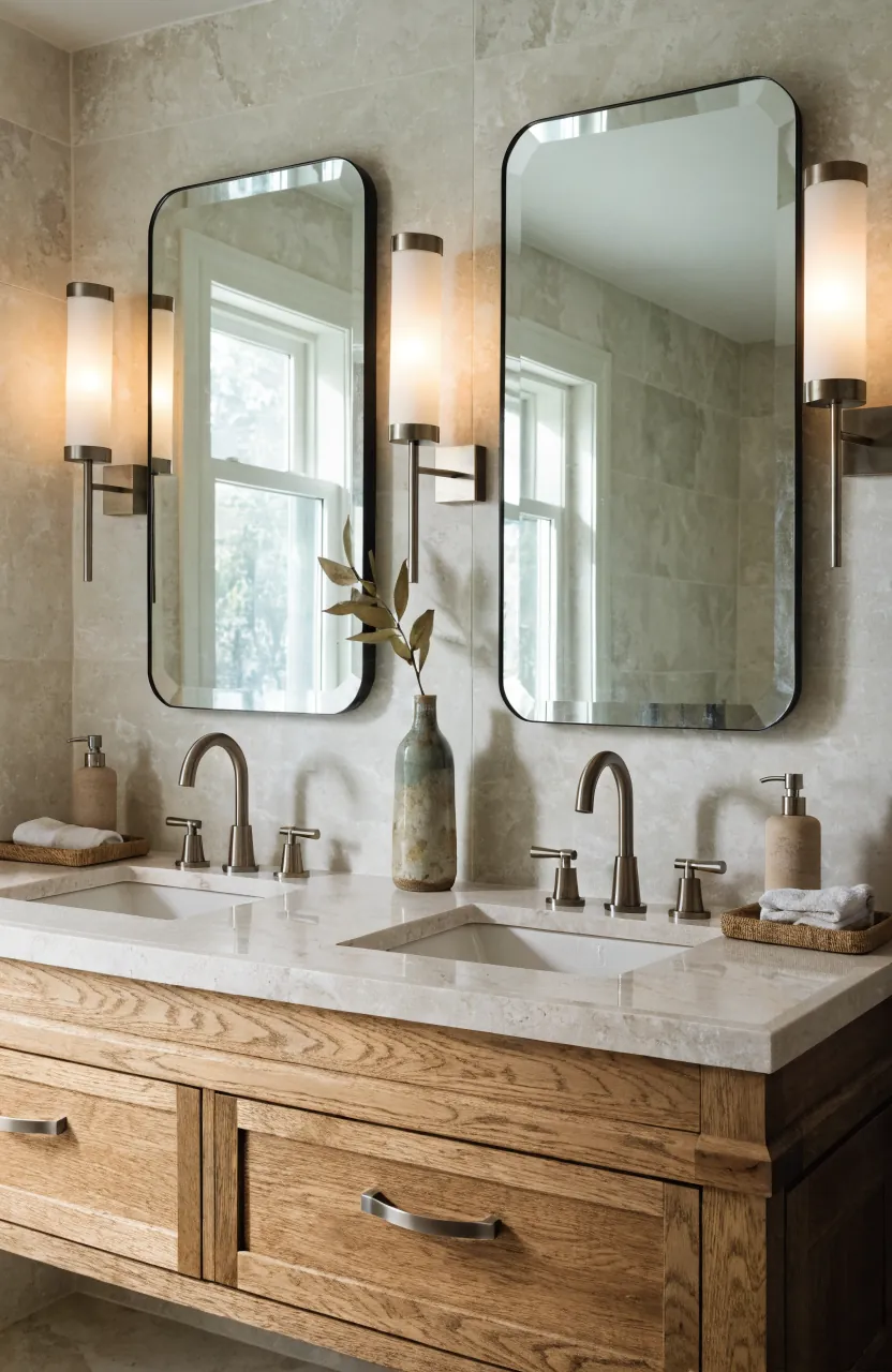 Calm double vanity with balanced mirrors, soft lighting, and clear counter styling