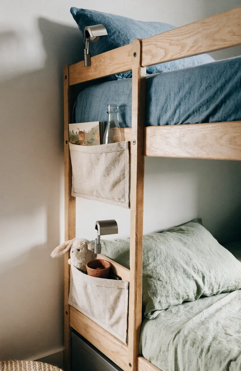 Shared kids room bunk bed with small personal storage pockets for each child