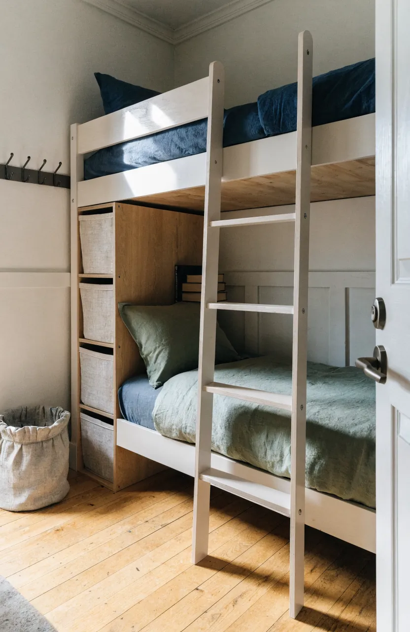 Bunk bed ladder side kept clear with nearby low cubby storage
