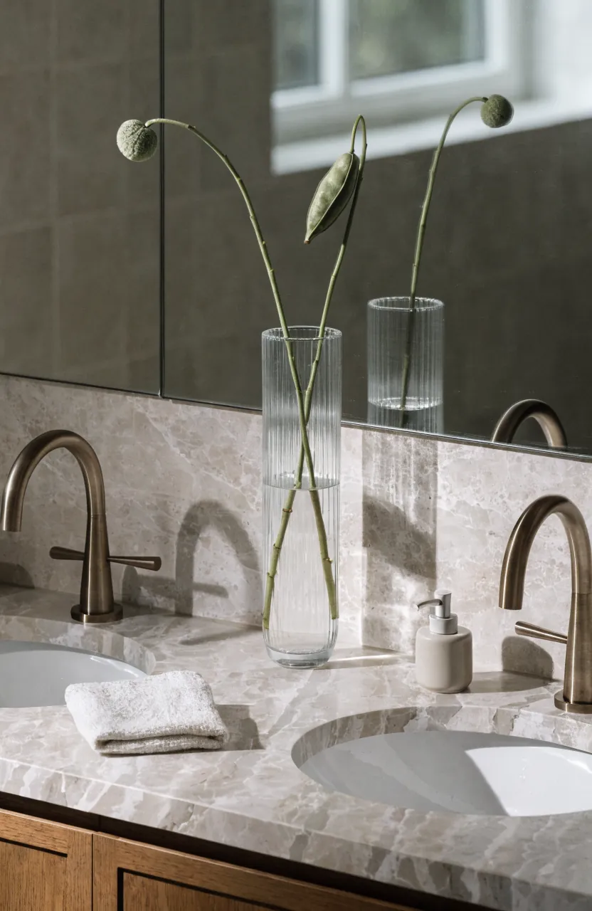 Double vanity with an open center counter and one calm vase accent