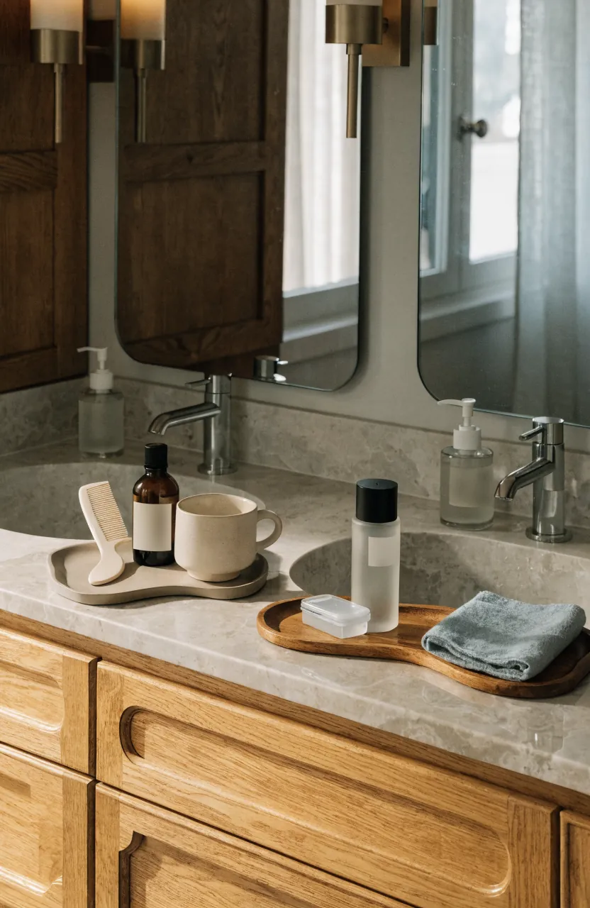 Double vanity with coordinated personal trays for everyday bathroom items